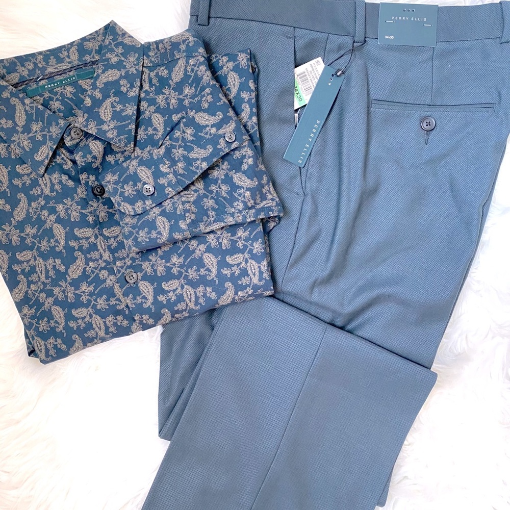 🆕 Perry Ellis Men’s Dress Pants Size 34x30 Steel Blue Relaxed Tapered NWT